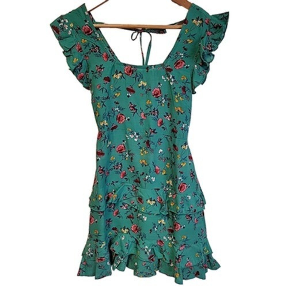 Lottie & Holly Floral Ruffle Tiered Mini Dress‎ Womens Size XS Green Flutter